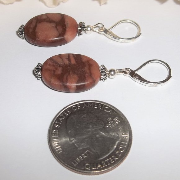 Earring Set Brown Faux Jasper Gemstone Silver Dangle Drop Lever Back Boho 6727 - Picture 4 of 7